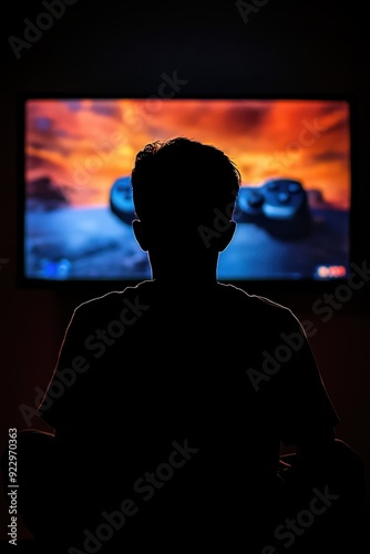 Silhouette of gamer sitting in front of screen