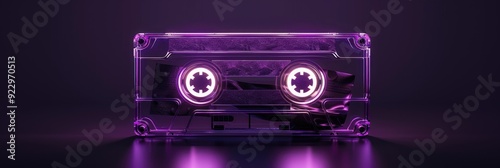 Neon purple analog audio cassette tape on a dark backdrop, embodying retro vintage style for retrowave and synthwave themes.