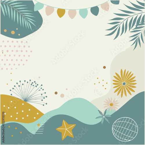 Abstract natural  pretty background, vector illustration,minimal Leaves and organic shapes on a banner in earthy pastel colors. Template with leaf and waves.