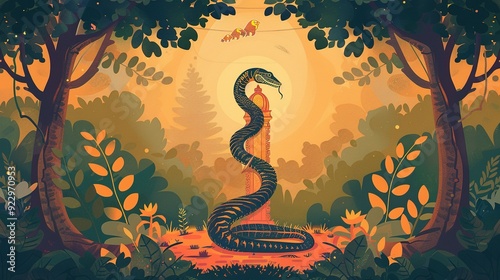 A Serpent Coiled Around a Stone Pillar in a Lush Forest photo