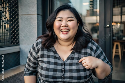 Happy Woman in a Plaid Shirt.