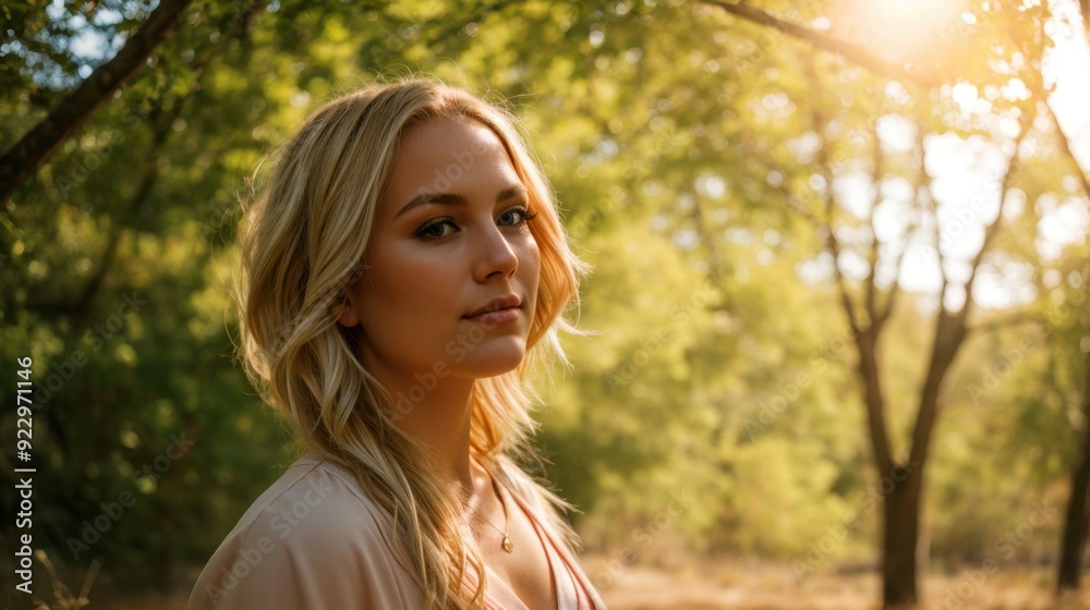 Female relaxing in the sun's warm golden glow among trees Female relaxing in the sun's warm golden glow among trees