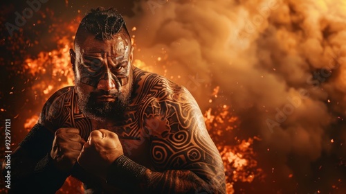 A muscular warrior stands ready in a fierce pose, surrounded by flames and smoke, embodying strength and determination