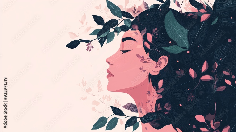 An illustration of a face profile, in a vector style with organic shapes and lines of plants in a pink color, dark green leaves, and a white background. An illustration of a face profile, in a vector style with organic shapes and lines of plants in a pink color, dark green leaves, and a white background.