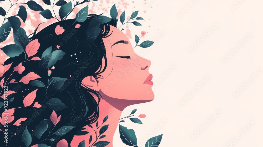 An illustration of a face profile, in a vector style with organic shapes and lines of plants in a pink color, dark green leaves, and a white background. An illustration of a face profile, in a vector style with organic shapes and lines of plants in a pink color, dark green leaves, and a white background.