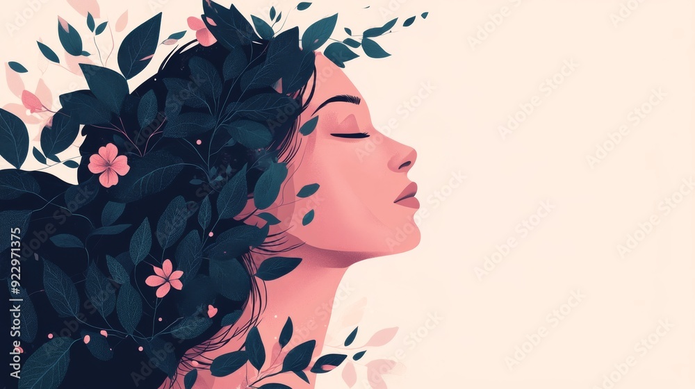 An illustration of a face profile, in a vector style with organic shapes and lines of plants in a pink color, dark green leaves, and a white background. An illustration of a face profile, in a vector style with organic shapes and lines of plants in a pink color, dark green leaves, and a white background.