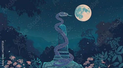 A Serpent Coiled Around a Pillar Under a Full Moon photo