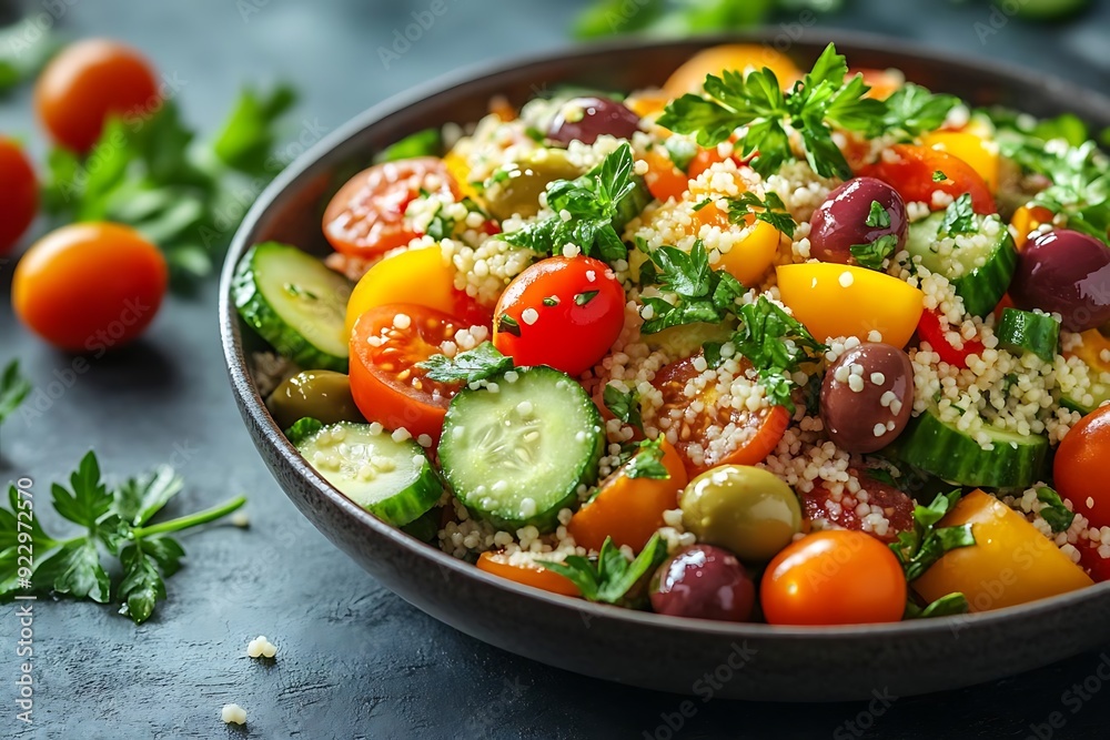 Delicious Couscous Salad with Tomatoes, Cucumbers, and Olives - Food Photography Delicious Couscous Salad with Tomatoes, Cucumbers, and Olives - Food Photography