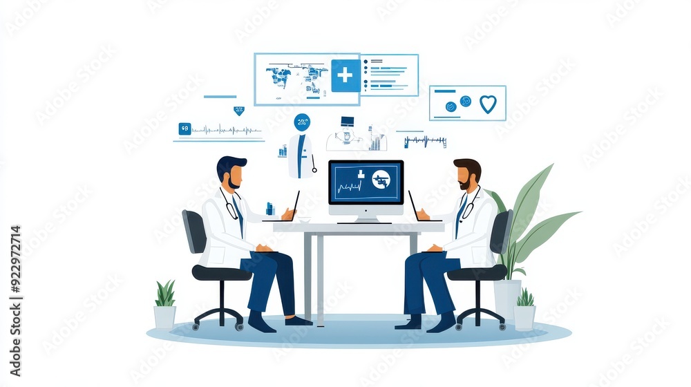 Illustration of doctors collaborating in a modern medical office with technology and data analysis in a clean environment. Illustration of doctors collaborating in a modern medical office with technology and data analysis in a clean environment.