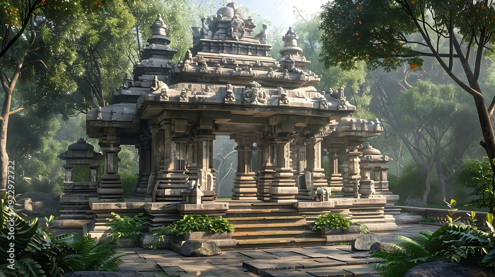 An old stone temple with lovely designs and a nice garden around it