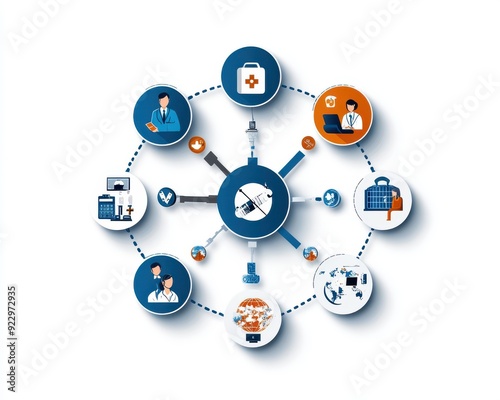 A modern illustration of healthcare interconnectedness, highlighting various medical tools and professionals in a circular layout.