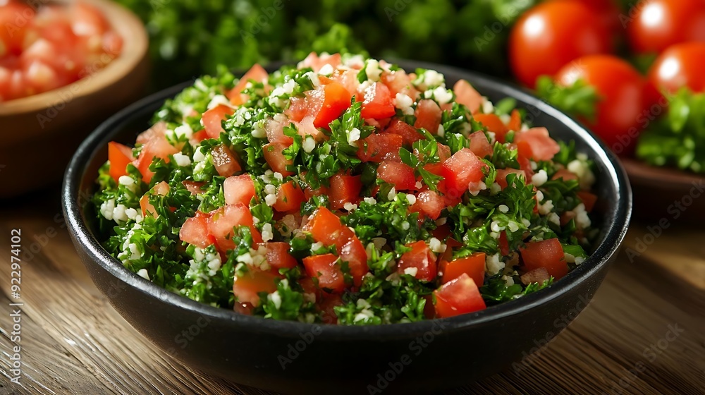 Fresh Tabbouleh Salad with Tomatoes in a Black Bowl - Food Photography Fresh Tabbouleh Salad with Tomatoes in a Black Bowl - Food Photography
