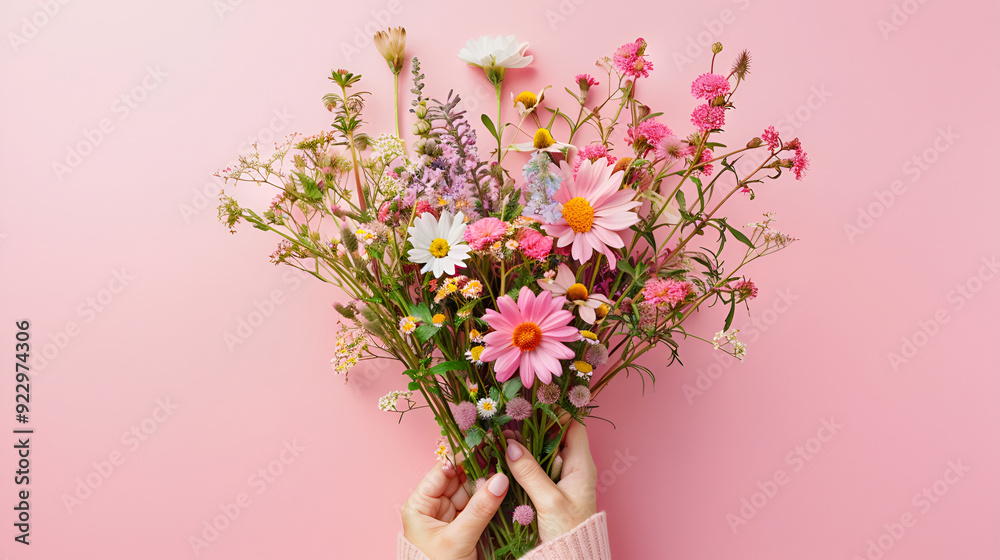 Female hands collect a bouquet of wildflowers on a pink background Healing herbs ,Florist hands arranging a colorful floral bouquet ,Ideal for floristry workshops, gardening magazines, or artisanal Female hands collect a bouquet of wildflowers on a pink background Healing herbs ,Florist hands arranging a colorful floral bouquet ,Ideal for floristry workshops, gardening magazines, or artisanal