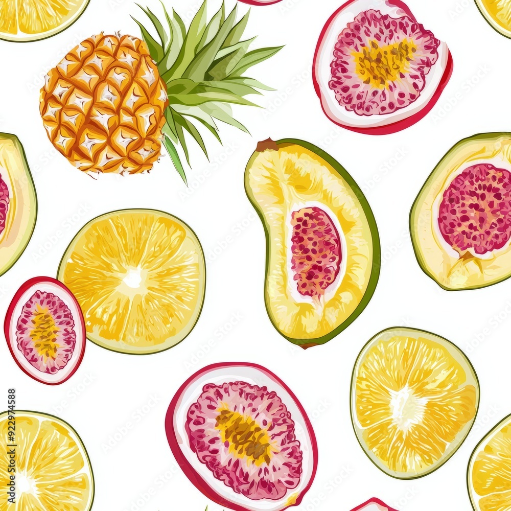 Seamless pattern of tropical fruit slices including pineapples, passion fruits, and guavas Seamless pattern of tropical fruit slices including pineapples, passion fruits, and guavas