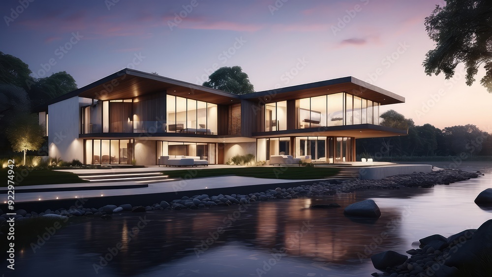 An twilight view of a contemporary home beside a river An twilight view of a contemporary home beside a river