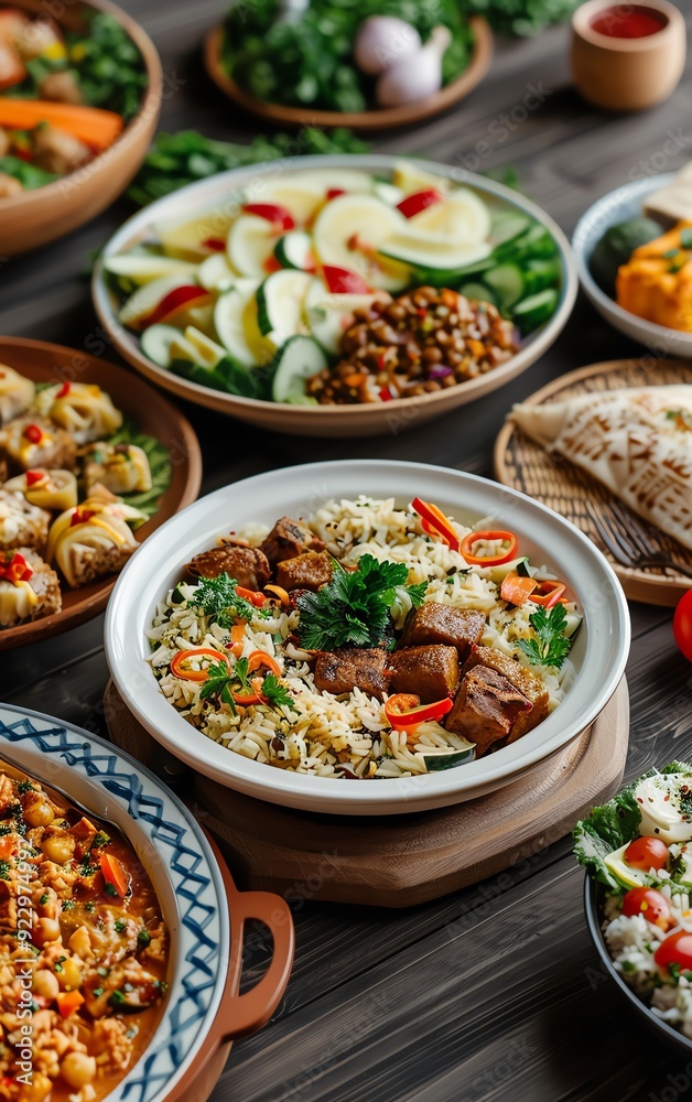 A variety of delicious dishes on a rustic wooden table. A variety of delicious dishes on a rustic wooden table.