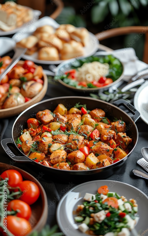 A delicious spread of food on a table, featuring a skillet of roasted potatoes with tomatoes and herbs. A delicious spread of food on a table, featuring a skillet of roasted potatoes with tomatoes and herbs.