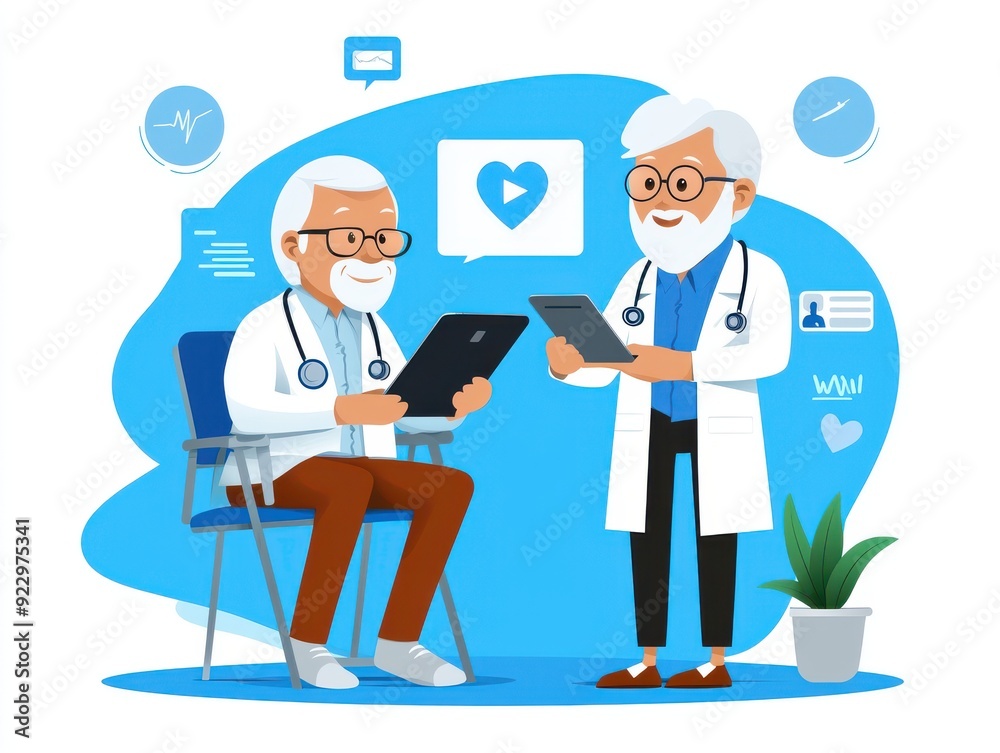 Two elderly doctors discussing health data using tablets in a vibrant, modern medical setting. Two elderly doctors discussing health data using tablets in a vibrant, modern medical setting.