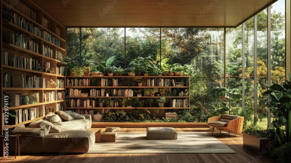 Living room with a floor-to-ceiling bookshelf filled with plants, natural wood furniture, and large windows, creating a warm, inviting, and nature-connected space Living room with a floor-to-ceiling bookshelf filled with plants, natural wood furniture, and large windows, creating a warm, inviting, and nature-connected space