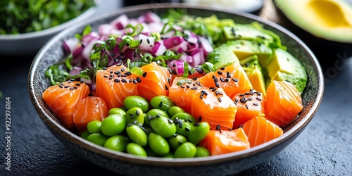 Delicious Salmon Poke Bowl with Avocado, Edamame, and Red Onion - Photo