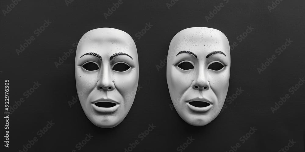 Two white theatrical masks with neutral expressions on a black background. Two white theatrical masks with neutral expressions on a black background.