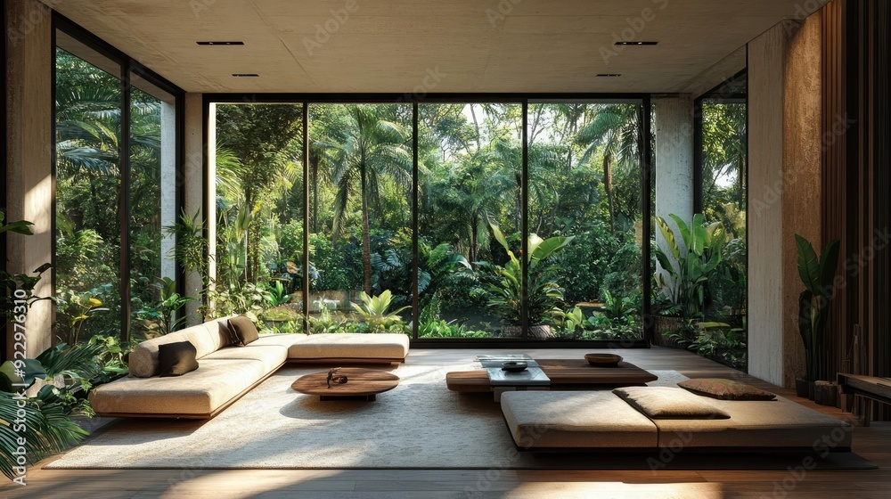 Living room with large floor-to-ceiling windows offering a view of a lush garden, showcasing a seamless connection between indoor and outdoor spaces in biophilic design Living room with large floor-to-ceiling windows offering a view of a lush garden, showcasing a seamless connection between indoor and outdoor spaces in biophilic design