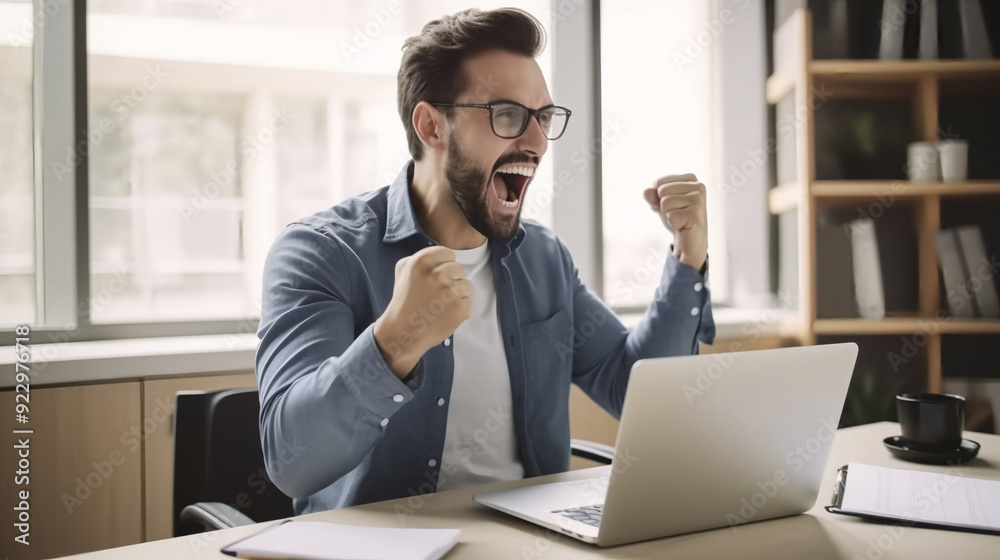 A portrait of a Man celebrating success after an online marketing victory.
A portrait of a Man celebrating success after an online marketing victory.