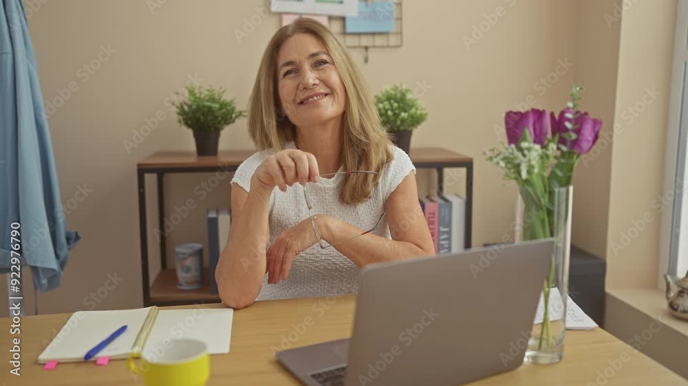 A smiling, middle-aged woman with glasses sits at a desk with a laptop in a well-lit home office, exuding casual professionalism. A smiling, middle-aged woman with glasses sits at a desk with a laptop in a well-lit home office, exuding casual professionalism.