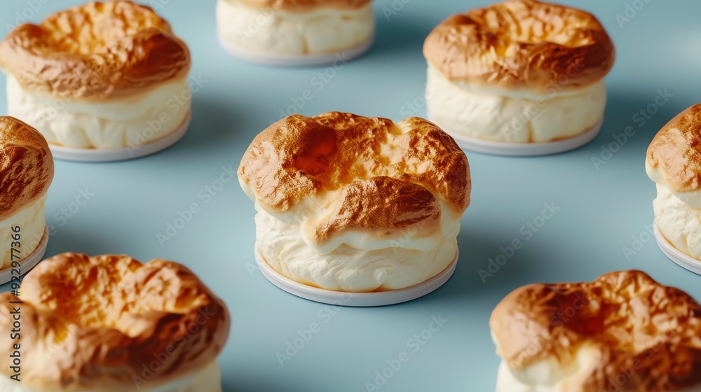 Closeup of fluffy, golden brown souffle desserts arranged on a blue background.