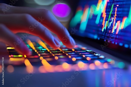 Closeup of Hand Typing on a Laptop Keyboard with Colorful Backlighting and Stock Market Charts Displayed on the Screen - Photo