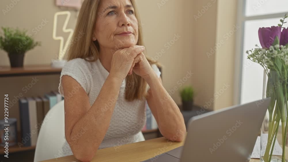 Mature woman contemplating at home office with laptop, flowers, and relaxed ambiance Mature woman contemplating at home office with laptop, flowers, and relaxed ambiance