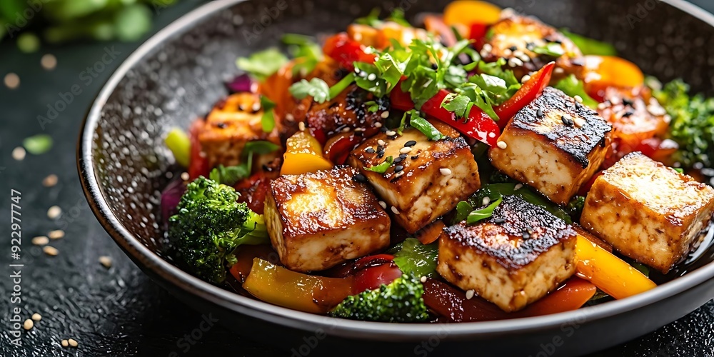Delicious Tofu Stir-Fry with Bell Peppers, Broccoli, and Sesame Seeds - Food Photography Delicious Tofu Stir-Fry with Bell Peppers, Broccoli, and Sesame Seeds - Food Photography