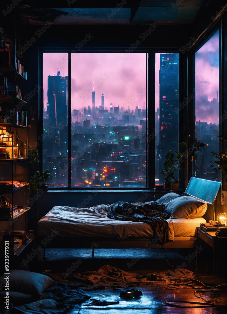 moody aesthetic, beautiful cozy, cramped bedroom with floor to ceiling glass windows overlooking a cyberpunk city at night, view from top of skyscraper, white bedsheets, bookshelves, thunderstorm moody aesthetic, beautiful cozy, cramped bedroom with floor to ceiling glass windows overlooking a cyberpunk city at night, view from top of skyscraper, white bedsheets, bookshelves, thunderstorm