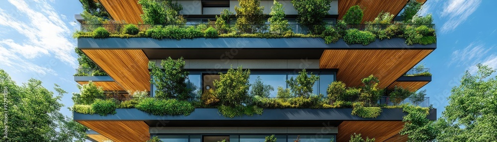 Residential building with green balconies, natural stone facades, and communal gardens, showcasing the integration of biophilic design in urban living Residential building with green balconies, natural stone facades, and communal gardens, showcasing the integration of biophilic design in urban living