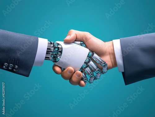 A robotic hand shakes a human hand, symbolizing the partnership between technology and humanity in a modern business setting.