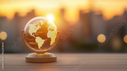 A stunning globe illuminated by sunset, symbolizing global connection and exploration in a modern urban setting.