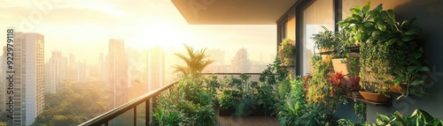 Urban apartment with a balcony garden filled with plants, providing a green retreat in a dense city environment, showcasing biophilic design in small spaces photo