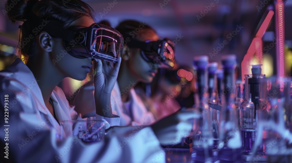 VR Lab - Female Scientist with Goggles, Blue & Red Lights VR Lab - Female Scientist with Goggles, Blue & Red Lights