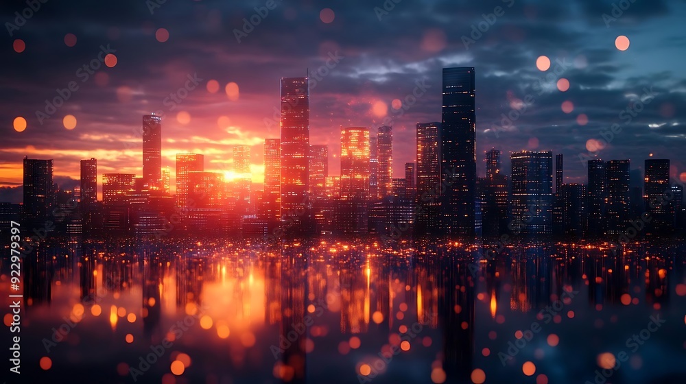 Fototapeta premium Cityscape at Sunset with Glowing Lights and Bokeh Effect - 3D Illustration