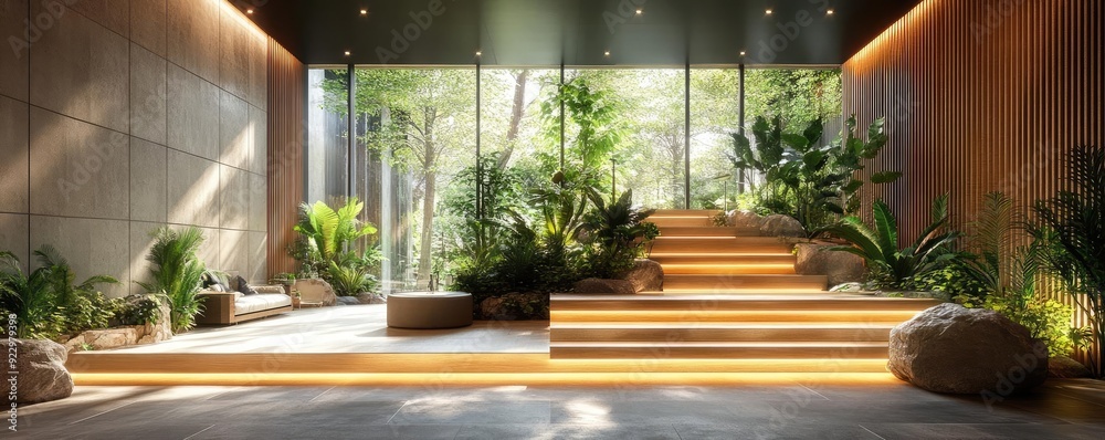 Wellness center with natural light, indoor plants, and organic materials, creating a holistic environment that promotes well-being through biophilic design Wellness center with natural light, indoor plants, and organic materials, creating a holistic environment that promotes well-being through biophilic design