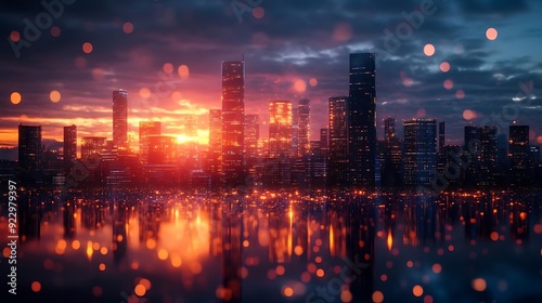 Cityscape at Sunset with Glowing Lights and Bokeh Effect - 3D Illustration