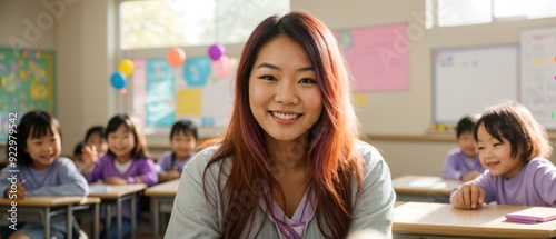 Gleeful woman interacting with children in the class 