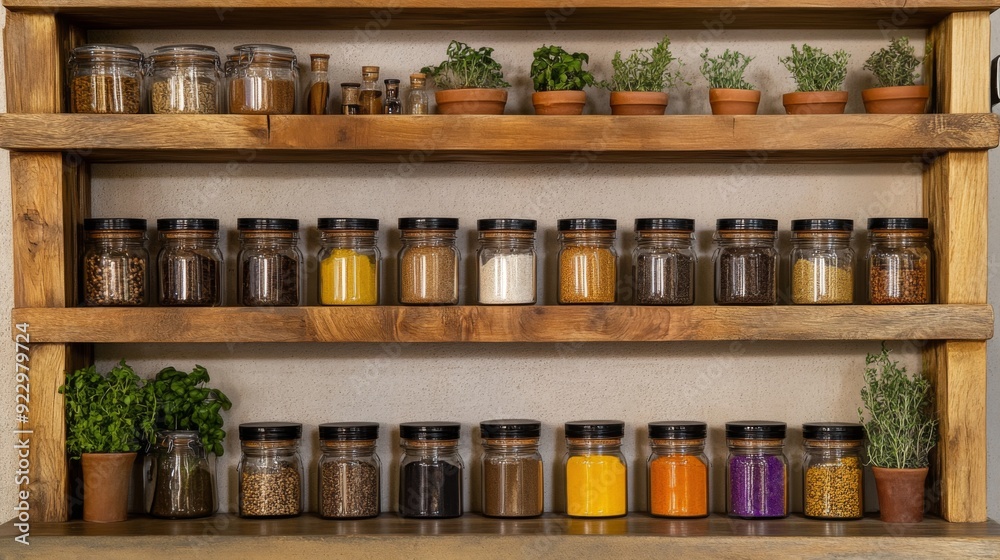 Spices and herbs on shelves in the kitchen, AI generated Image