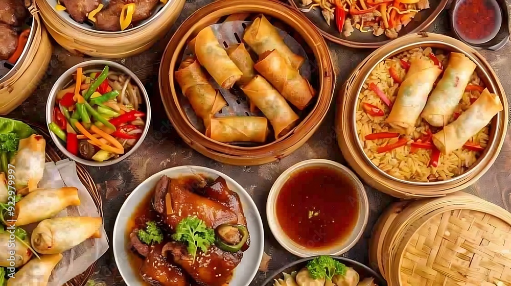 Assorted cuisine set dim sum spring rolls peking duck fried rice dumplings and noodles famous meals served on a table top view of the superb beef fajita dishes Assorted cuisine set dim sum spring rolls peking duck fried rice dumplings and noodles famous meals served on a table top view of the superb beef fajita dishes