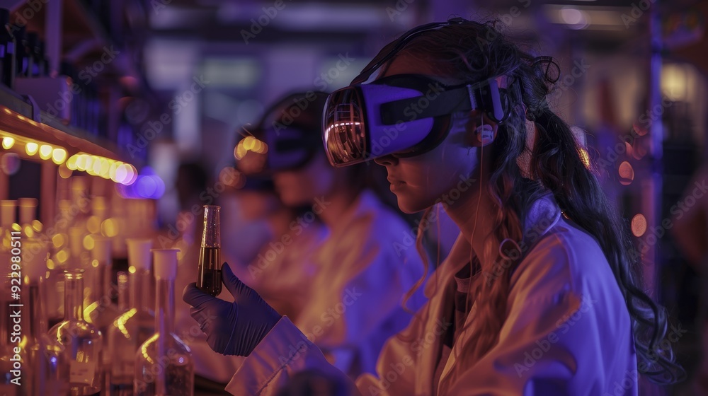 Woman in VR Headset Examining Liquid in Lab Woman in VR Headset Examining Liquid in Lab