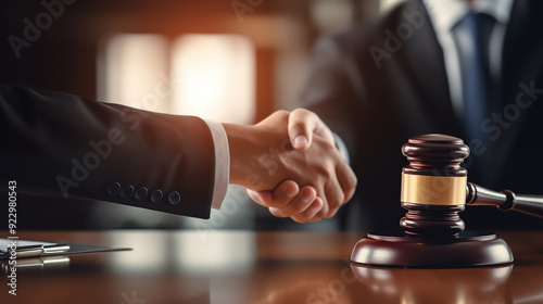 Lawyer and Client Shaking Hands After Successful Legal Deal over a table with gavel and contract. Concepts of Law and Legal services, Business person and lawyers discussing contract papers in office photo