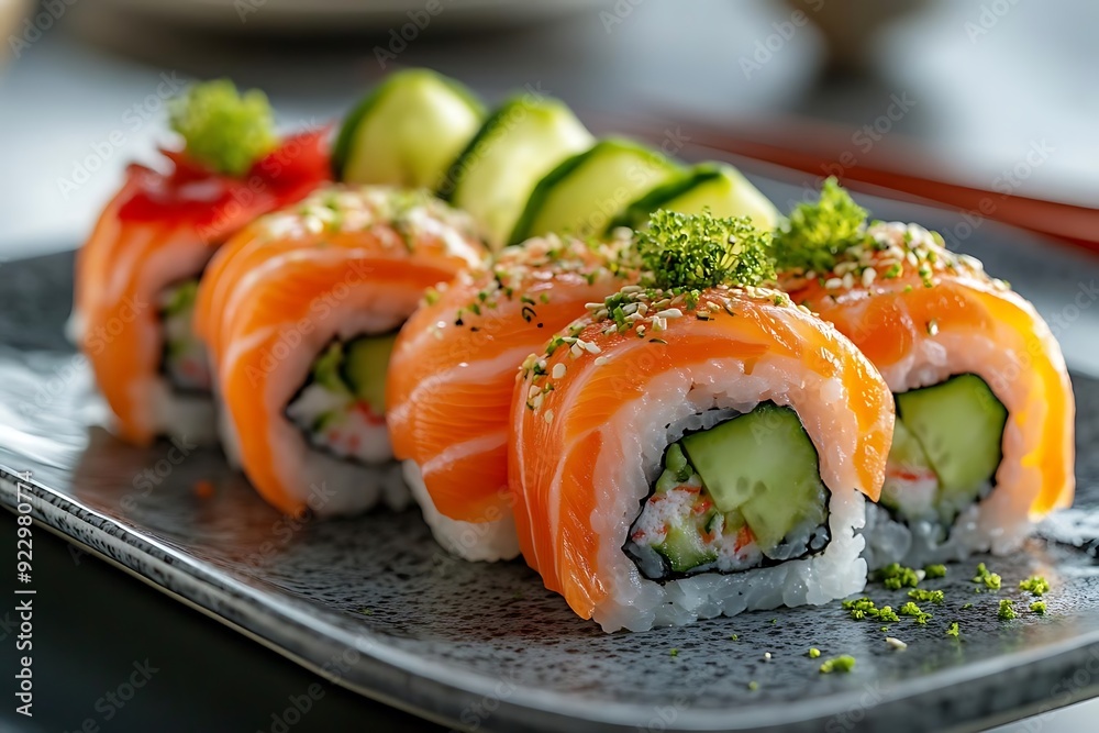 Delicious Salmon Sushi Rolls with Cucumber and Sesame Seeds - Photo Delicious Salmon Sushi Rolls with Cucumber and Sesame Seeds - Photo