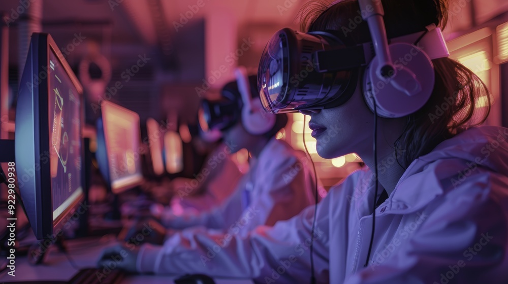 Woman Uses VR Headset for Technology Development Woman Uses VR Headset for Technology Development