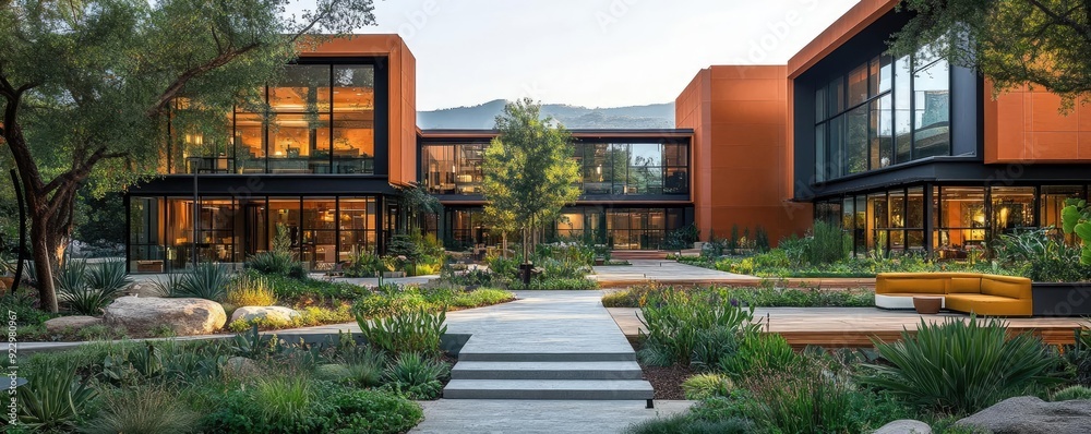 Obraz premium Community center with open-air courtyards, native plants, and natural materials, highlighting the communal and environmental benefits of biophilic design