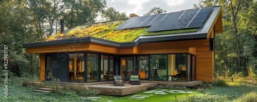 Eco-friendly home with solar panels, natural materials, and a green roof, showcasing sustainability and biophilic principles working together